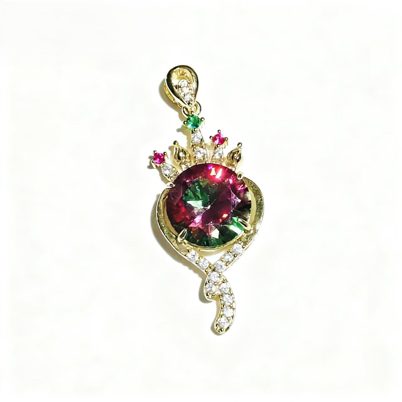 Gold-plated Crown Pendant with Mystic Rainbow Zircon, Micro Pave Zircon Luxury Charm
