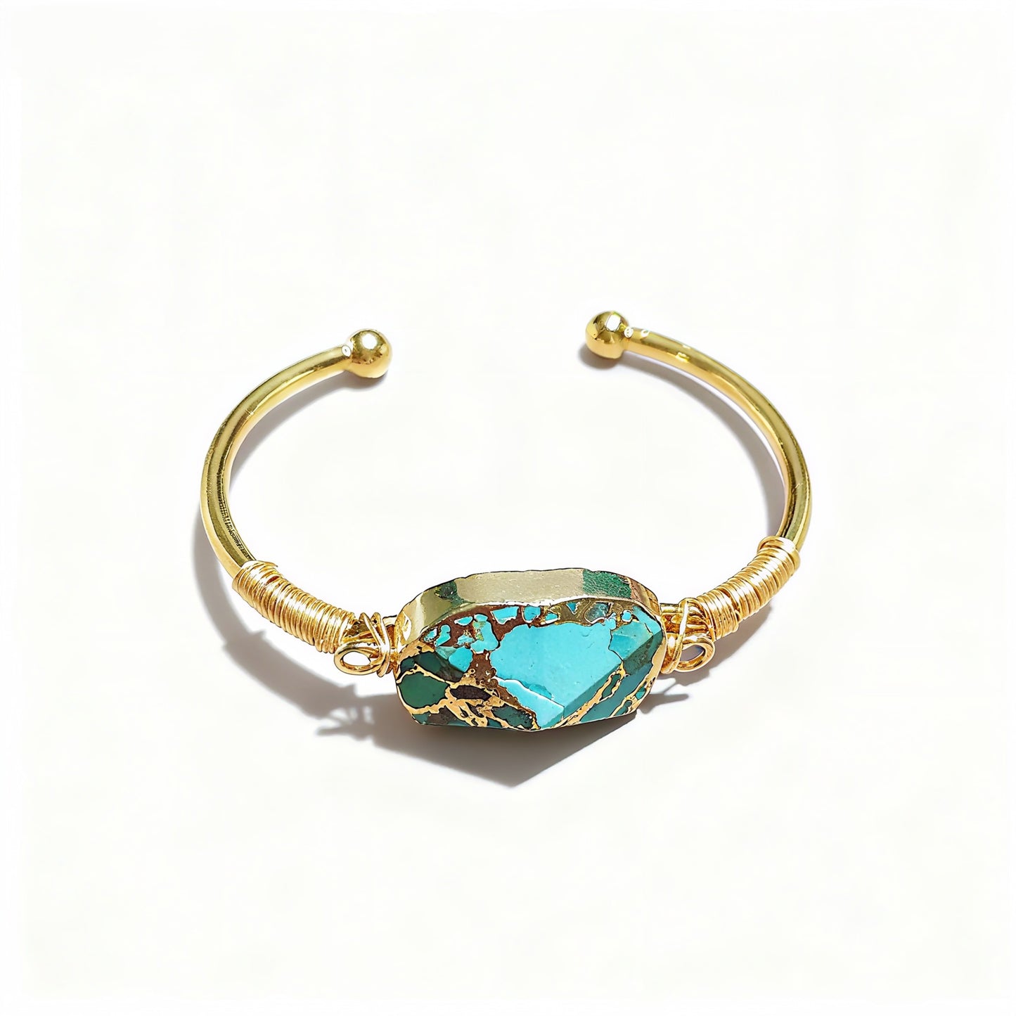 Trendy Women Gold Line Hubei Turquoises Open Cuff Bracelets Natural Gemstone Wire Wrap Bangles Birthday Gifts