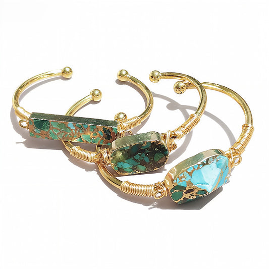Trendy Women Gold Line Hubei Turquoises Open Cuff Bracelets Natural Gemstone Wire Wrap Bangles Birthday Gifts