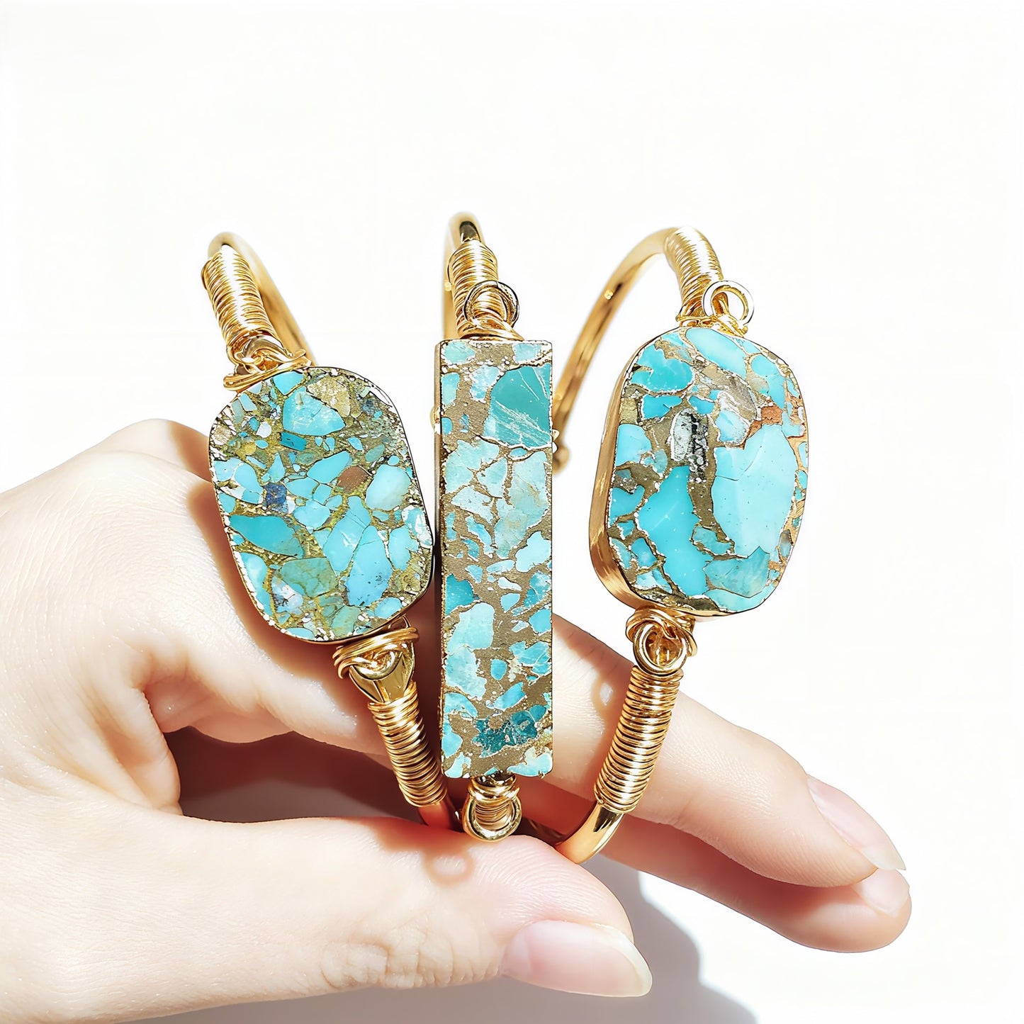 Trendy Women Gold Line Hubei Turquoises Open Cuff Bracelets Natural Gemstone Wire Wrap Bangles Birthday Gifts