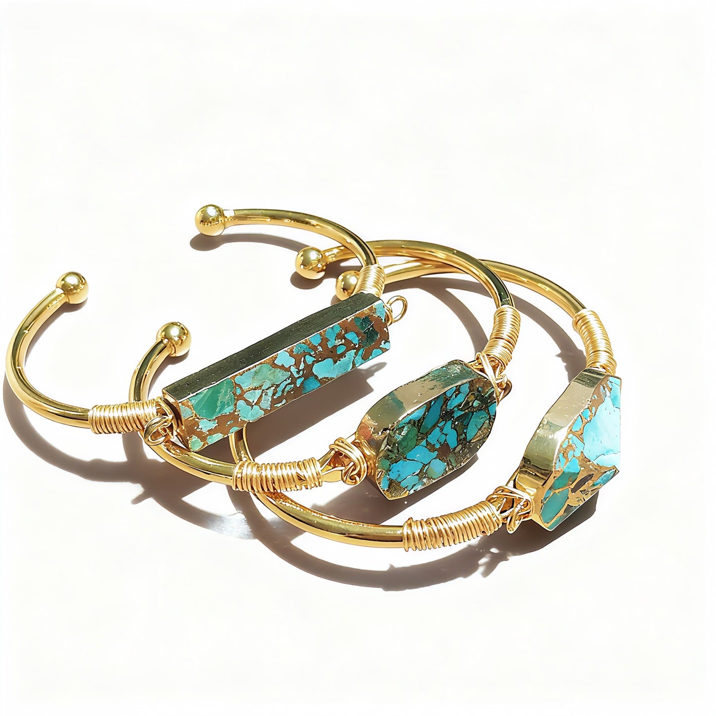 Trendy Women Gold Line Hubei Turquoises Open Cuff Bracelets Natural Gemstone Wire Wrap Bangles Birthday Gifts