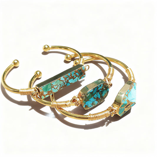 Trendy Women Gold Line Hubei Turquoises Open Cuff Bracelets Natural Gemstone Wire Wrap Bangles Birthday Gifts